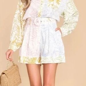 NWT Aura Red Dress Floral Euro Summer Linen Blend High Waisted Belted Shorts